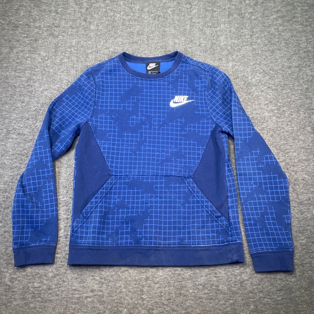 Nike Sweatshirt  Boys Large Blue Geometric Crew Neck‎ Long Sleeve Trendy Casual